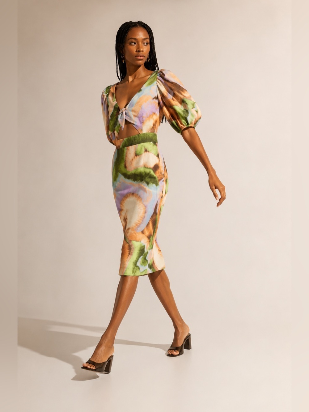 ROTATE Cara Midi Dress Watercolor Cutout Bodycon Party